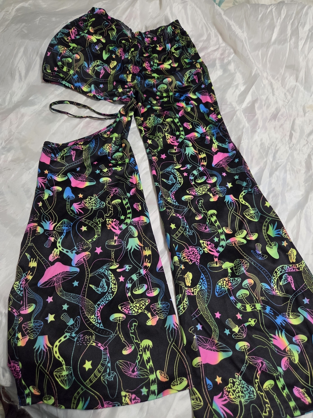 Black Neon Mushroom Print Flared Pants